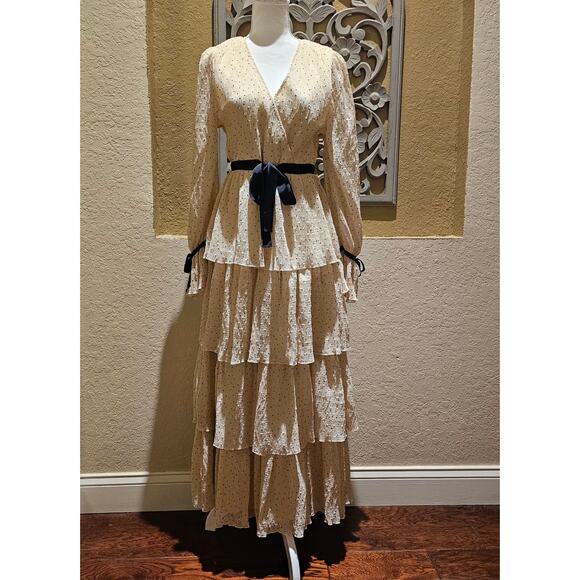 Just Me S Tiered  Dress Cream Holiday Party Cottagecore Vintage Wedding Guest - Picture 3 of 10